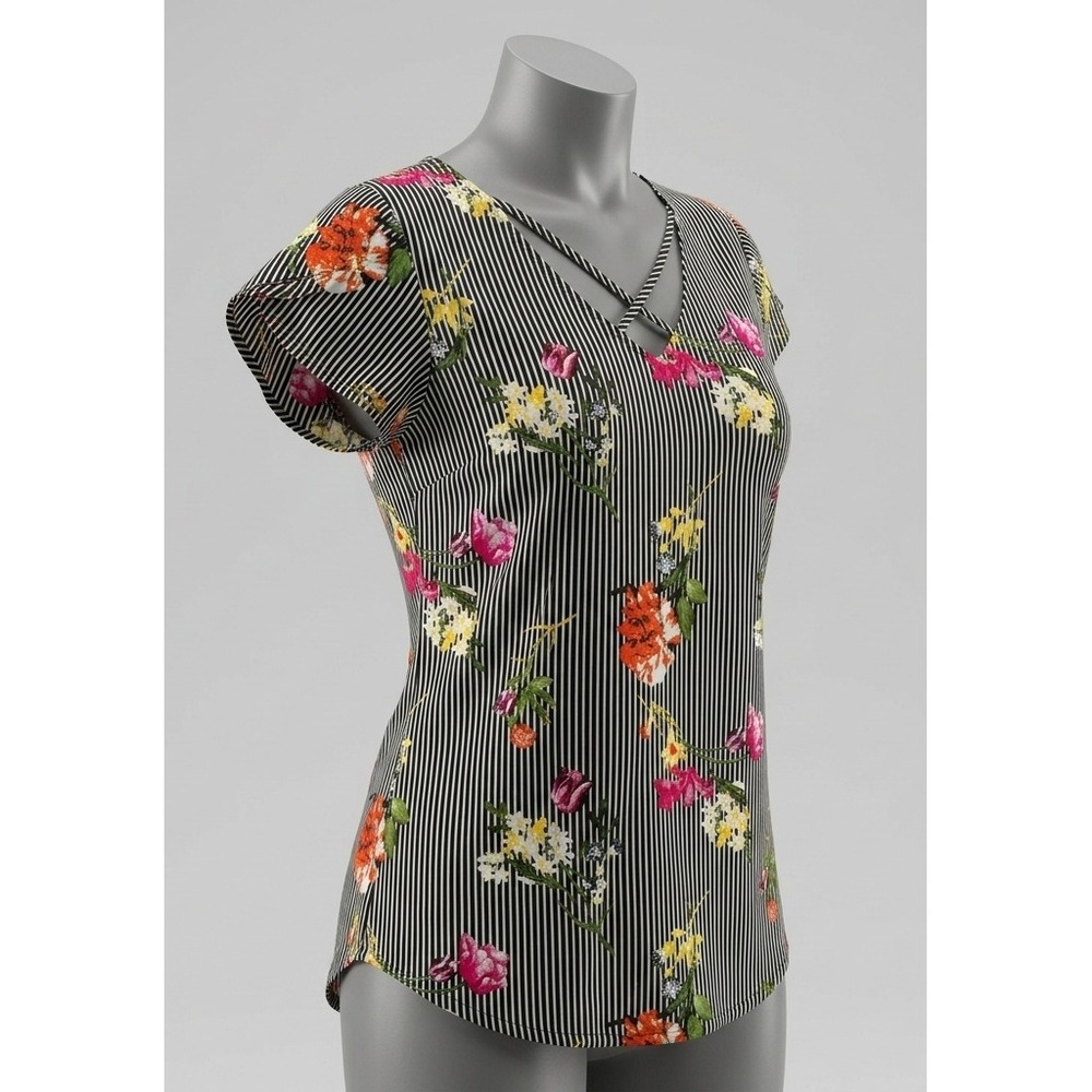 Cottagecore Floral Pinstripe V-Neck Blouse Plus 1X